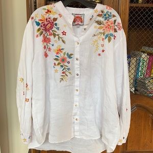 Johnny was White linen embroidered button up blouse